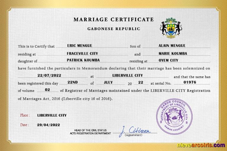 Gabon marriage certificate